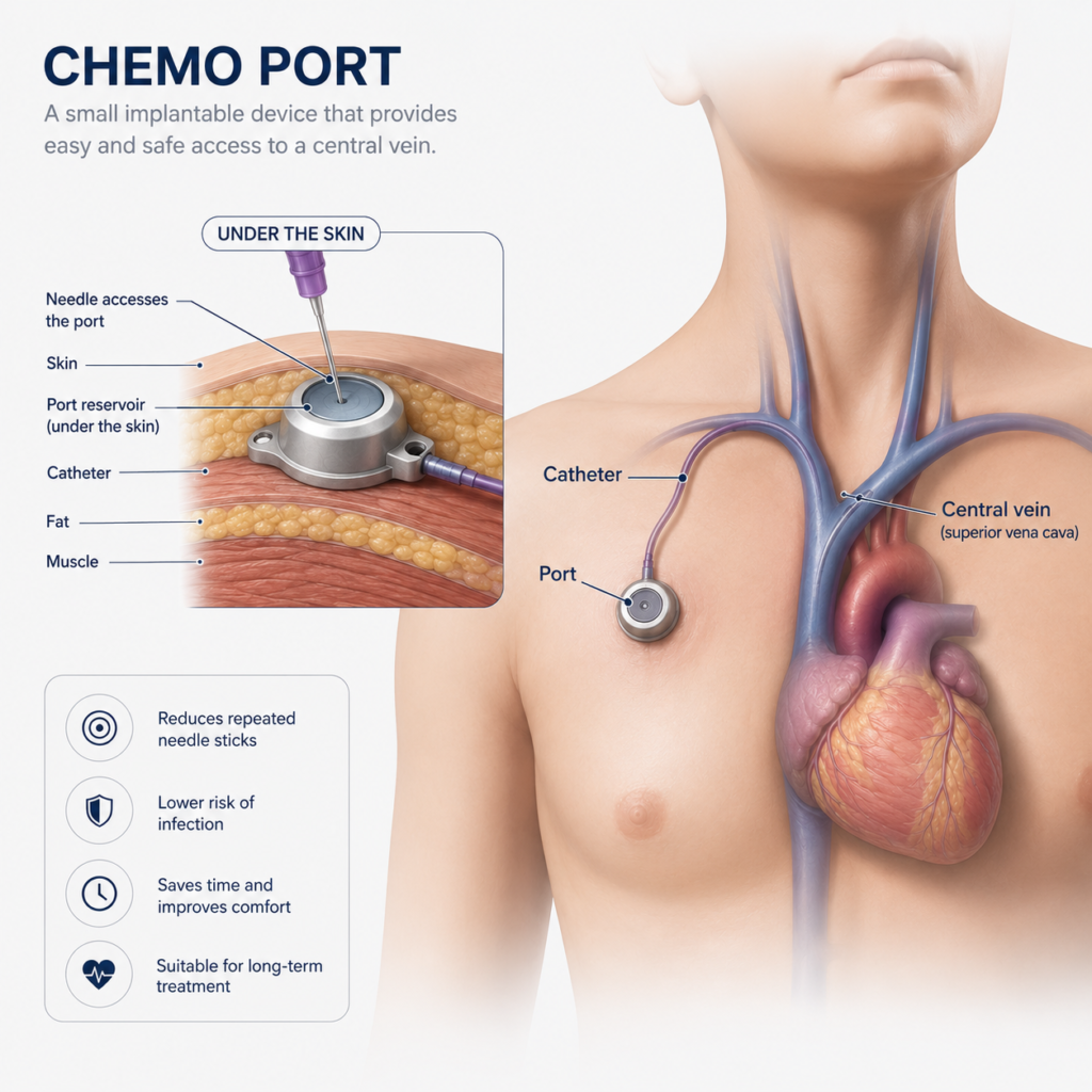 Vascular surgeons place chemo port for chemotherapy